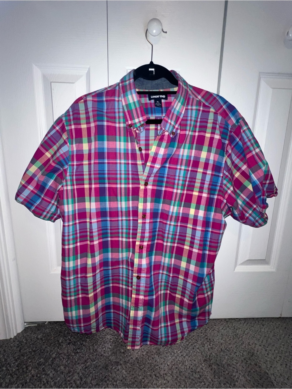 Lands' End Men’s XL Multicolor Pink Plaid Short-Sleeve Button-Down Shirt